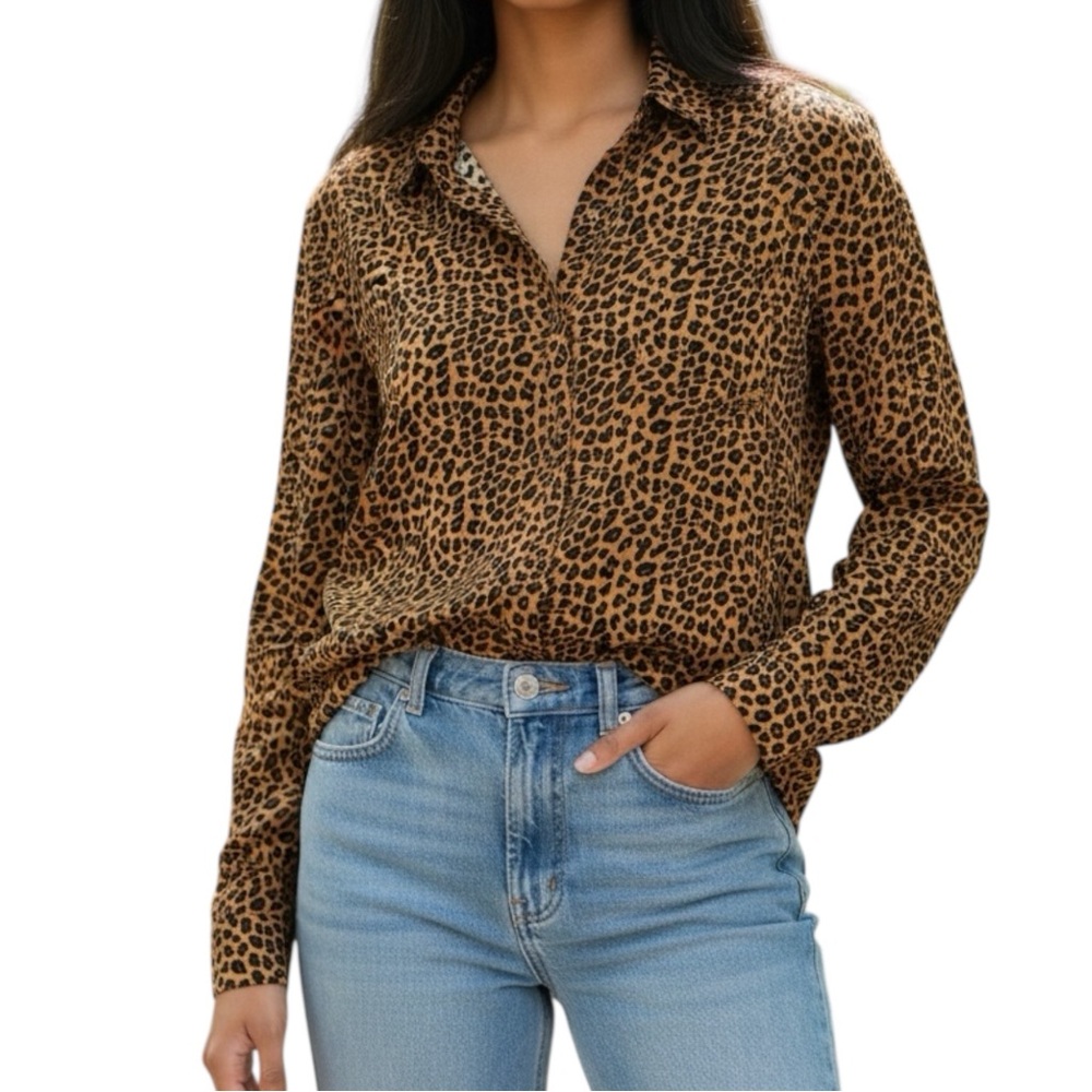 Express Y2K Leopard Animal Print Button Down Roll Up Long Sleeve Blouse Size XL